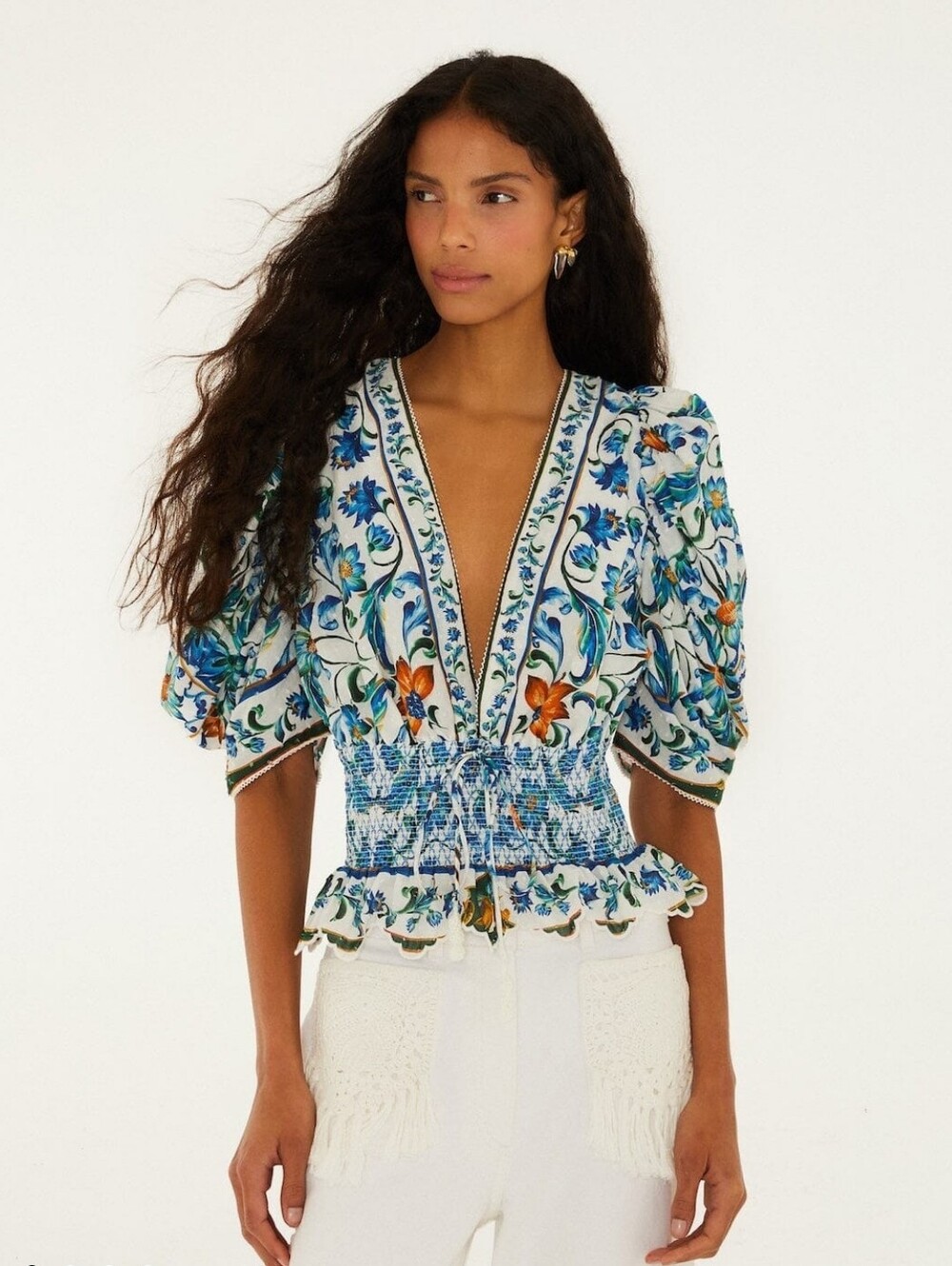 Farm Rio off-white flora tile smocked blouse.